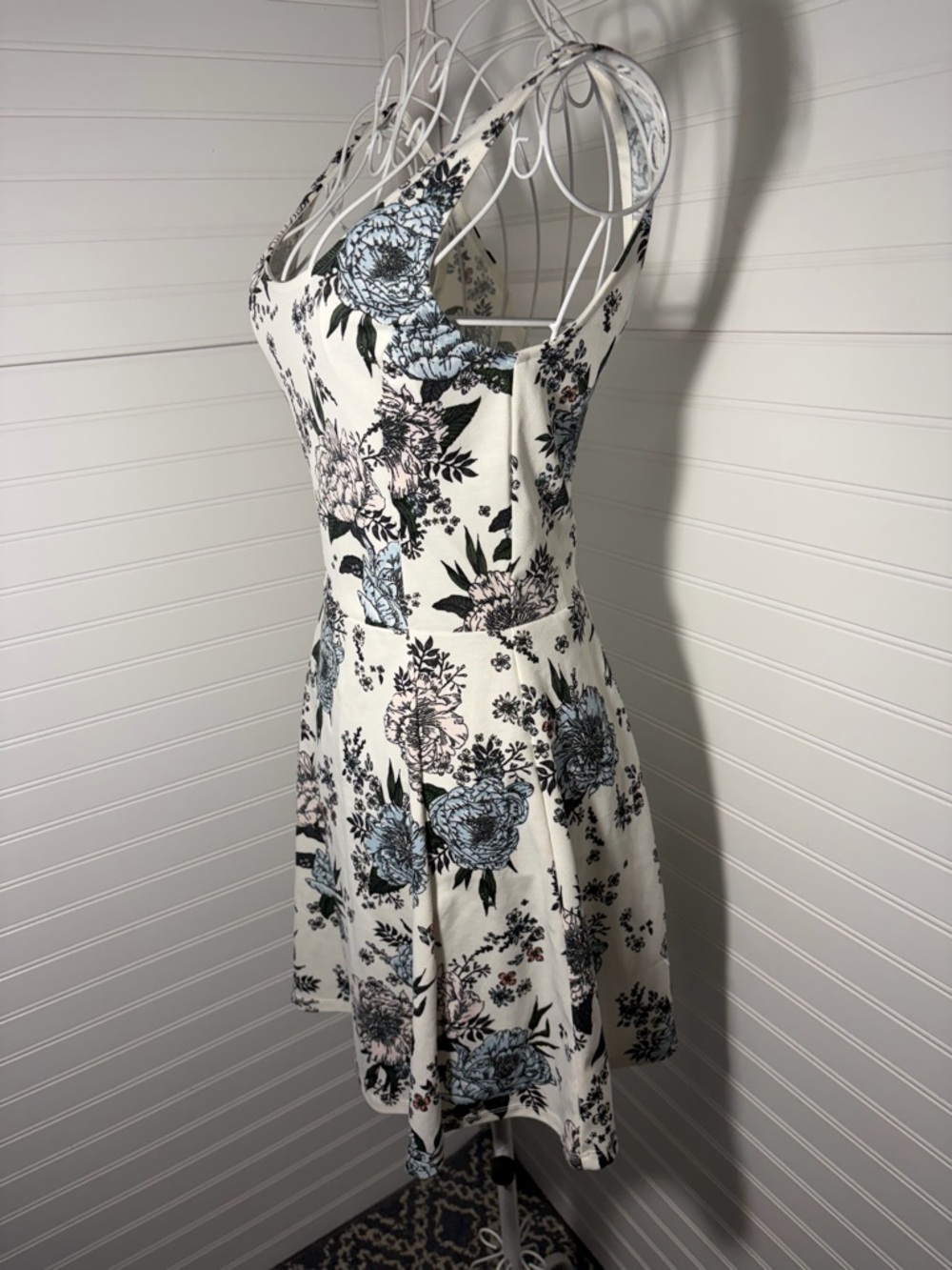 Floral Fit-and-Flare Dress in Ivory with Blue & Pink Blooms - Picture 7 of 10